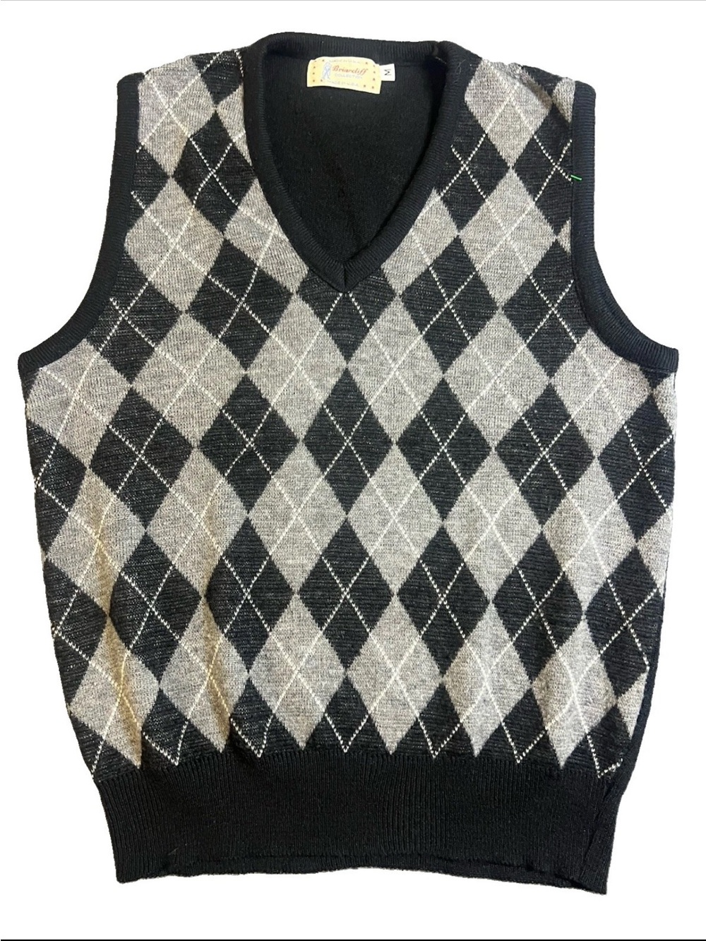 Vintage Gray & Black V-Neck Sweater Vest-Briarcliff USA M Dark Academia Preppy